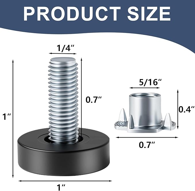 lenpestia 1/4" Thread Furniture Feet Levelers, 12 PCS Adjustable Feet Levelers, Adjustable Furniture Levelers with T-Nuts for Table, Chair, Furniture Legs