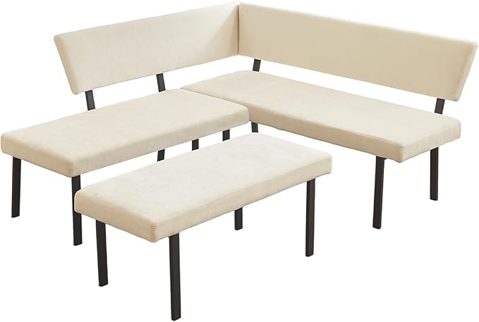 Modern L-Shaped Dining Bench, 67 Inch Fabric Upholstered Corner Sofa with Metal Legs for Kitchen Nook, Living Room, Dining Room (Beige)