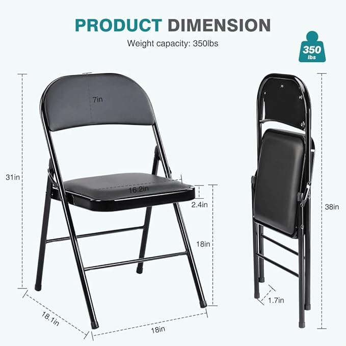 Padded Folding Chairs Set of 2, Portable Stackable Acrylic with Cushion for Outdoor Activities, Indoor Gatherings, Living Rooms and Office Meetings, Black