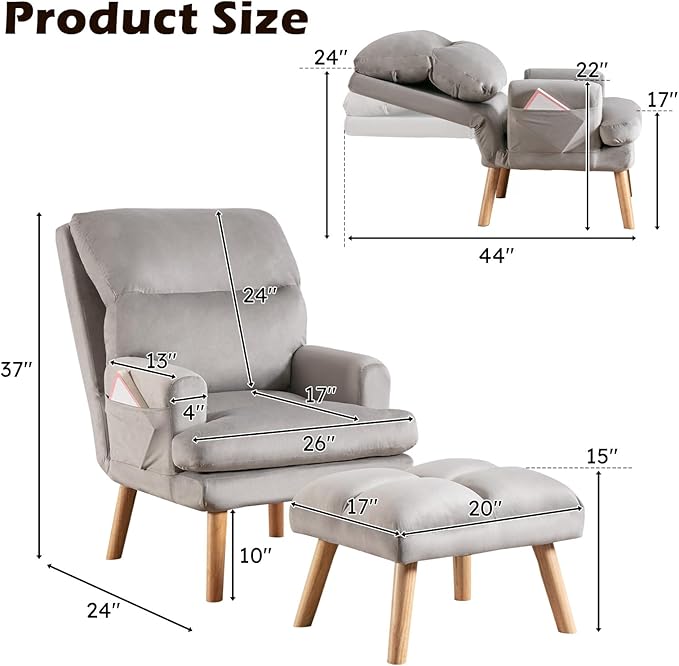 IOMOR Accent Chair with Ottoman, Velvet Fabric Chair Armchair with Adjustable Backrest and Side Pockets, Mid Century Arm Chair with Ottoman for Living Room, Bedroom, Teen Room, Light Grey