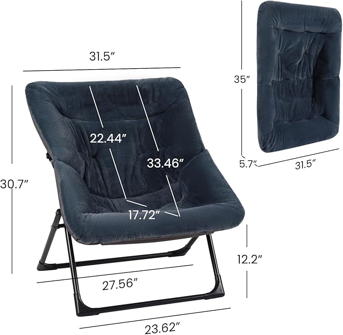 Comfy Saucer Chair for Adults, Soft Faux Fur Bedroom Chair, Accent Dorm Chairs, Flexible Living Room Reading Chairs, Oversized Folding Lounge Seat for Teens, X-Large, Navy Blue