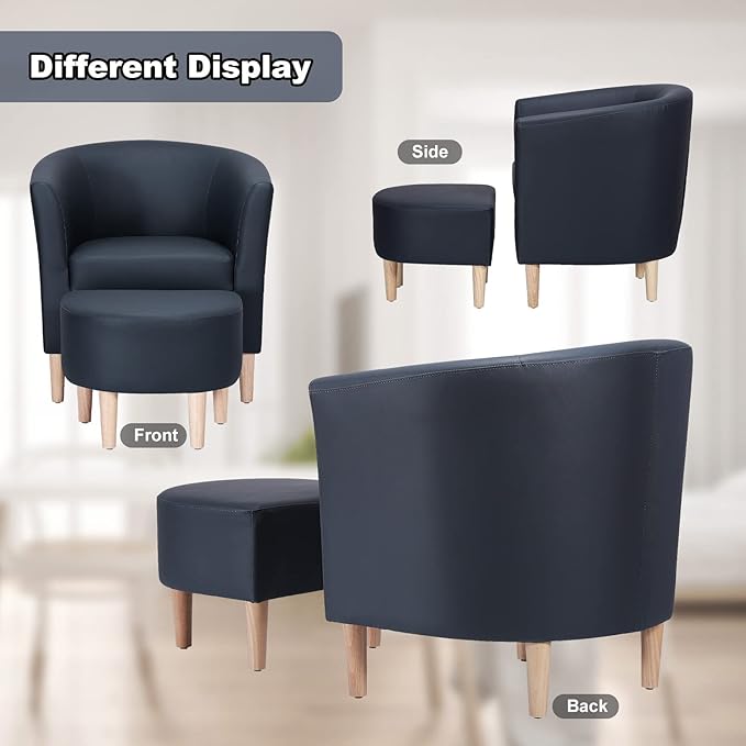 DAZONE Leather Chair, Accent Chair Mid Century Modern with Ottoman Faux Barrel Comfy Armchair Upholstered Club Tub Round Arms for Living Room Bedroom Reading Navy Blue Set of 1