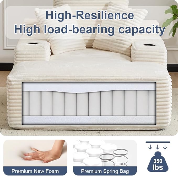 66" Oversized Chaise Lounge Sofa Chair Indoor, Modern Corduroy Single Sleeper Couch Chair with 3 Soft Pillows＆Cup Holder, Boneless Cloud Couch Single Seat Sofa Bed for Living Room Office (White)