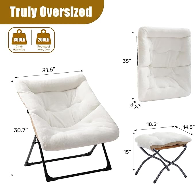 HollyHOME X-Large Saucer Chair with Foldable Ottoman, Comfy Oversized Folding Chair and Folding Footrest Stool Set, Faux-Fur Reading Chair and Footstool for Living Room, Bedroom, White Chair&Stool