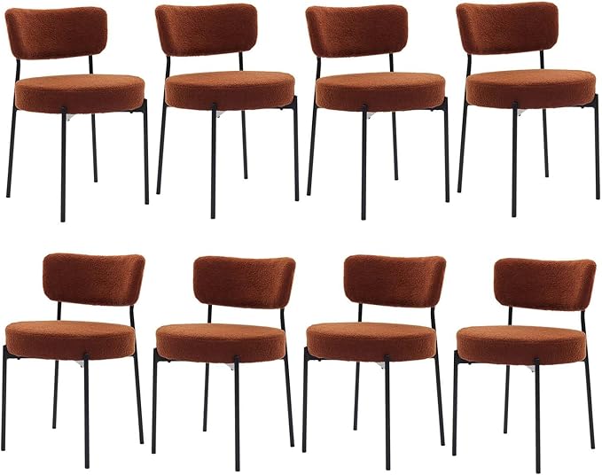 Stabrech Brown Boucle Dining Chairs Set of 8, Upholstered Dinner Chair with Metal Frame, Dining Room Chairs with Padded Seat, Round Modern Seating for Living Room