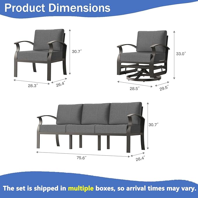RTDTD Aluminum Outdoor Patio Furniture Set,5 Pieces 7 Seats Patio Conversation Sets with 2 Swivel Rocking Chairs,Metal Patio Sectional Furniture Set with 5.1" Thickened Cushions,Grey