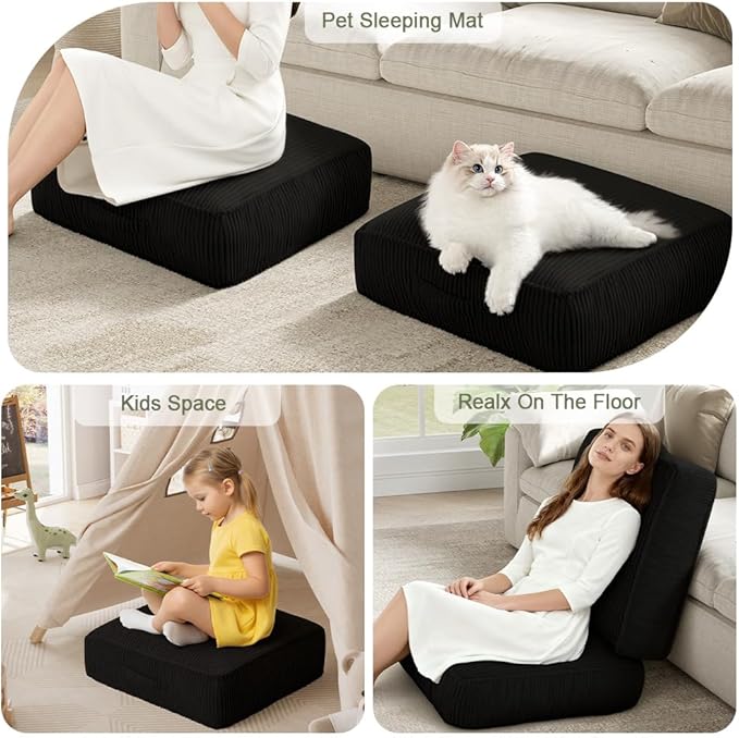 PRIMEPATIO Floor Pillow for Adults Set of 2, 8" Square Floor Cushions with Washable Cover, Large Corduroy Meditation Pillow, 22 inches Tatami Seat with Handle for Living Room or Yoga, Black
