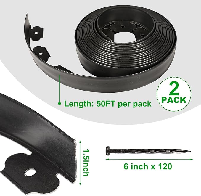 Hemikaki 1.5 Inch Garden Edging Border 100FT, Plastic Edging for Landscaping with 120pcs Spikes
