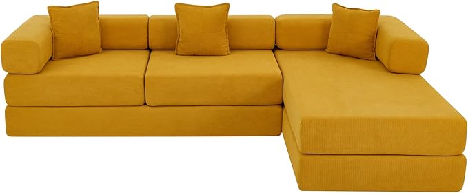 108" Convertible Sleeper Sofa Bed, Corduroy Folding Sofa Bed with Fixed-Shape Frame, Fold Out Floor Mattress Couch, Lazy Compression Sofas for Living Room, Bedroom, No Assembly Required,Yellow