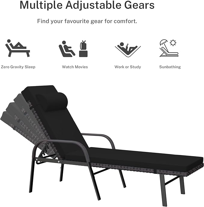 Trumbeak Patio Chaise Lounge Set 3 Pieces Pool Lounge Chairs,Cushioned Outdoor Folding Lounge Chair w/Arm and Rattan Adjustable Backrest for Poolside Porch,Folding Table Included,Black