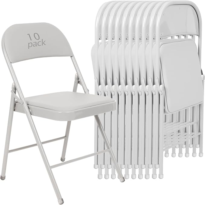 10 Pack White Padded Folding Chairs Set - Comfortable Stackable Portable Chairs for Indoor Outdoor, Events, Parties, Office, Wedding (PU Leather, Executive White,School Chair)