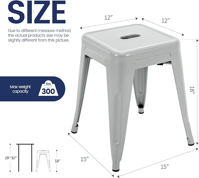 Brage Living 18 Inch Industrial Metal Stools Set of 4, Stackable Classroom Stools, Backless Metal Dining Chairs for Indoor Outdoor, Kitchen Short (Pearl Silver)