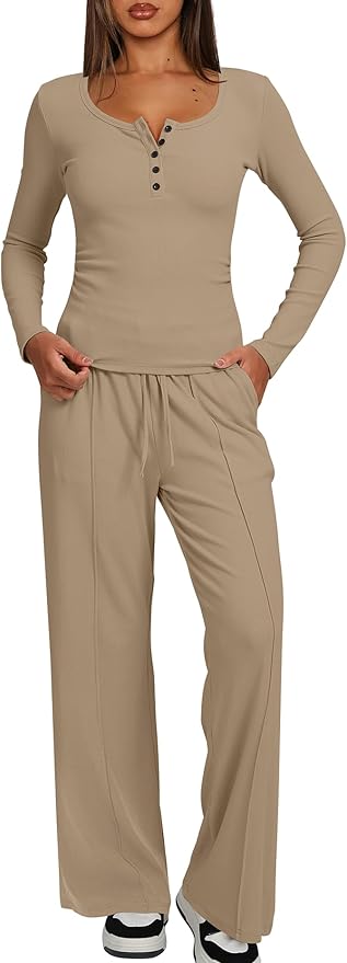 Darong Womens 2 Piece Matching Lounge Sets 2026 Long Sleeve Henley Shirts Wide Leg Pants Airport Travel Outfits