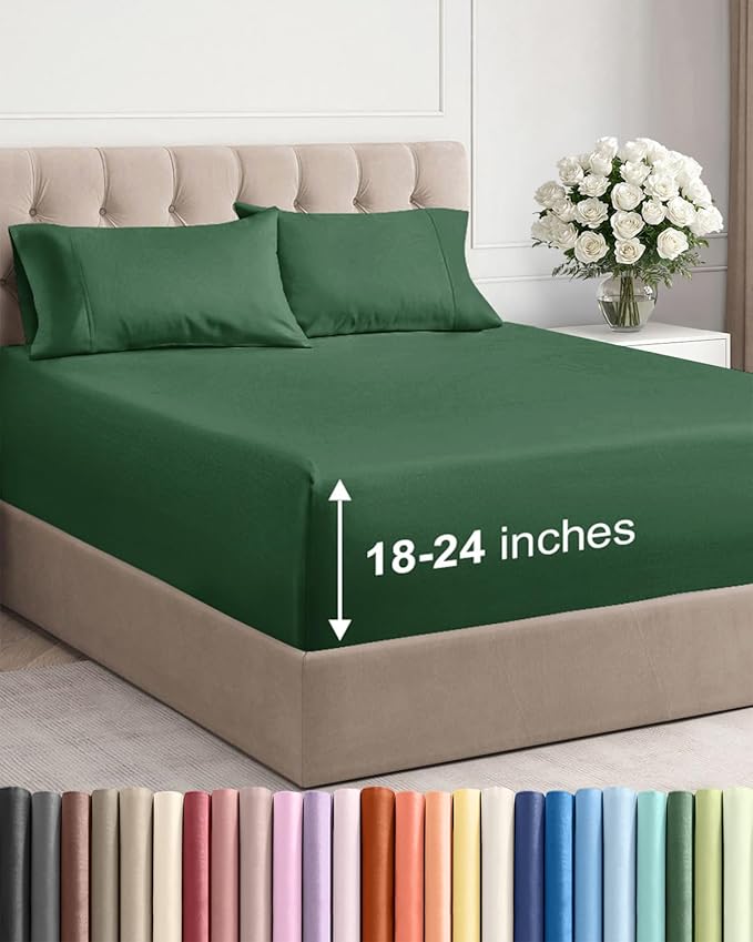 Extra Deep Pocket King Sheets - 4 Piece Breathable & Cooling Bed Sheets - Hotel Luxury Bed Sheet Set - Soft, Wrinkle Free & Comfy - Easily Fits Extra Deep Mattresses - Deep Pocket Emerald Green Sheets