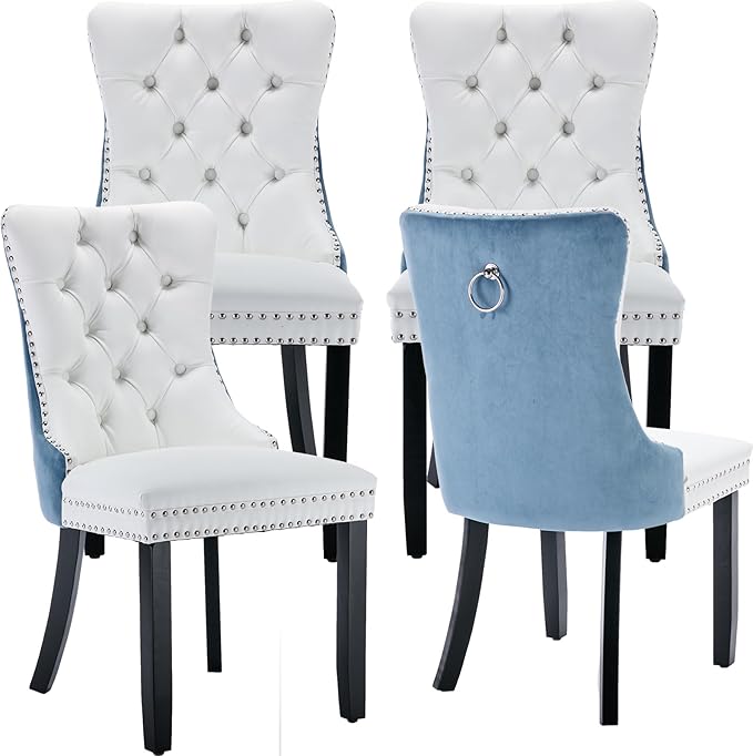 YeahFurn Modern Dining Chairs Set of 4, Tufted Upholstered Dining Room Chairs with Nailhead, PU Leather Front & Velvet Back, Solid Wood Legs, Kitchen Chairs, Sillas de Comedor (White & Light Blue)