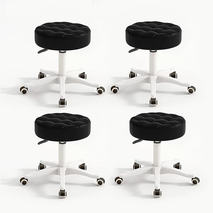 HDHNBA Small Chair Round Rolling Stool with Wheels PU Leather Height Adjustable Swivel Drafting Work SPA Salon Stools Home Office Chair,4 Pack
