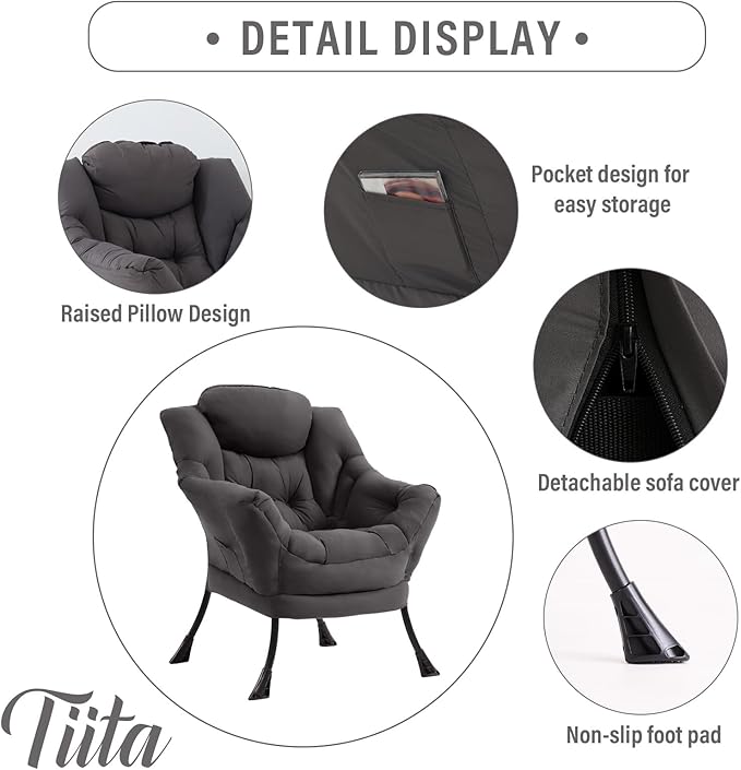 Tiita Lazy Chair, Modern Large Accent Lounge Armchair, Comfy Leisure Sofa Reading Chair for Bedroom, Living Room, Dorm Rooms, Garden and Courtyard, Dark Grey