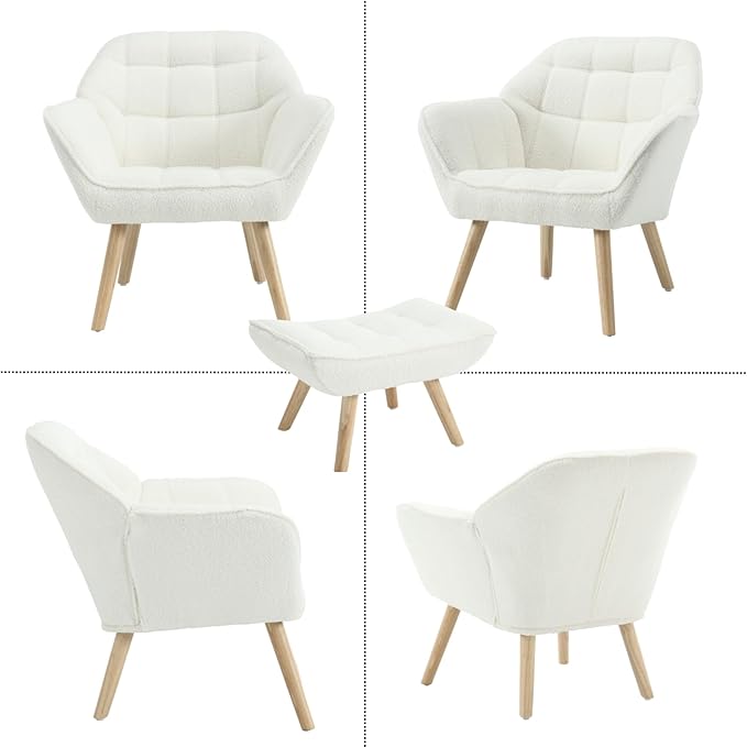 QUINJAY Modern Sherpa Accent Chair with Ottoman, Fluffy Upholstered Lounge Chair with Footrest, Comfy Living Room Side Boucle Armchair for Small Space Bedroom Apartment, White