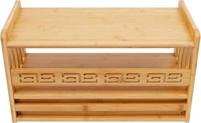 Low 3-Tier Meditation Table with Drawer,Bamboo Altar Tables,Puja Desks,Tatami Desk,20.4”W,Wood Color