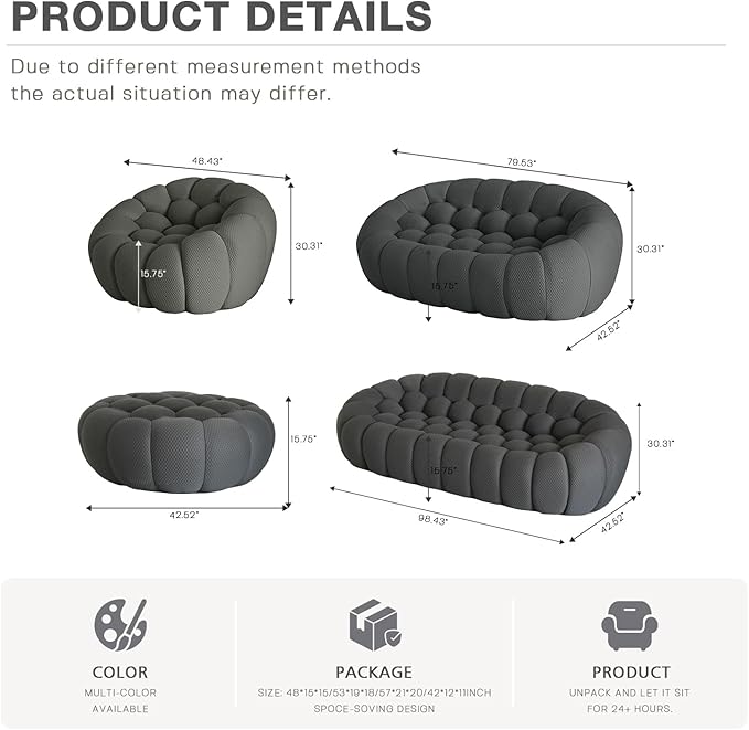 WJShome Bubble Couch,42' Modern Curved Sofa, Morden Lazy Floor Sofa, Memory Foam Bean Bag Floor Couch Lounge Chair for Living Room, Office, Apartment(Dark Gray)