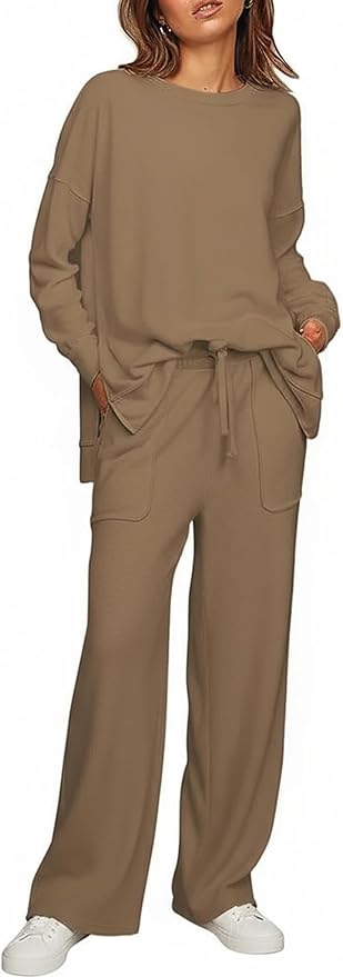 ETCYY NEW Lounge Sets for Women 2 Piece Outfits with Side Split Sweatshirt Tops and Wide Leg Sweatpants