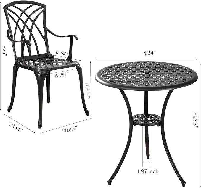 Withniture Outdoor 3 Piece Bistro Set Cast Aluminum Bistro Table and Chairs Set of 2, All Weather Bistro Patio Set, Patio Furniture for Garden Black
