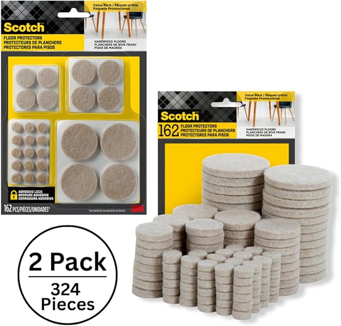 Scotch Felt Pads, Beige, Furniture Pads for Protecting Hardwood Floors, Round, Assorted Sizes Value Pack, Self-Stick Design, Protecting from Nicks, dents, Scratches (SP845-NA), 1 Pack (324, 2 Pack)