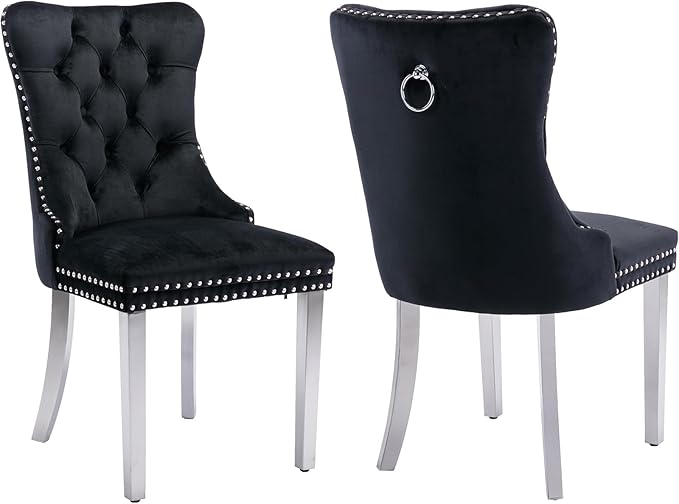 YeahFurn Mid Century Modern Dining Chairs Set of 2, Black Velvet Upholstered Tufted Back, Kitchen & Dining Room Chairs, Brushed Silver Metal Legs, Nailhead Trim, Sillas para Comedor (Black, 2 Pcs)