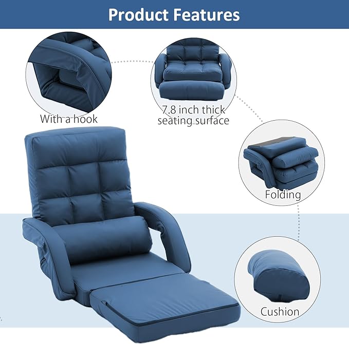 FLOGUOR 14-Position Adjustable Floor Chair, Chaise Lounge Indoor, Folding Lazy Sofa with Armrests and a Pillow Padded Adults Gaming Chairs for Living Room, Bedroom Factory Price,8803 (Blue（PU）)