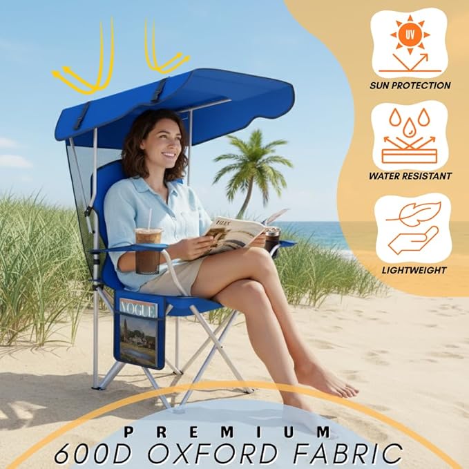 CozyBox Portable Folding Camping Chairs with Canopy Shade, Beach Chair for Adults, Durable Weather Resistant 600D Oxford Cloth, Camping Chair with Canopy for Outdoors [Blue-2 Pack]