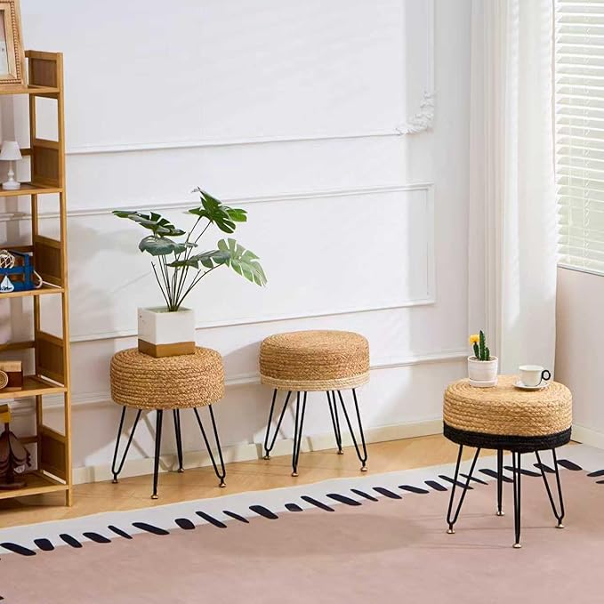 Wimarsbon Ottoman Pouf Handmade Natural Water Hyacinth,Round Footrest with 4 Metal Legs,Vanity Stool for Bedroom,Hallway,Living Room (Natural Water Hyacinth+Black Corn Husk)