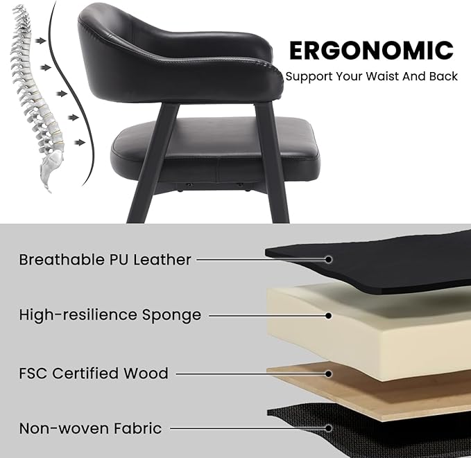 Wahson Black Leather Dining Chairs Set of 4 with Black Metal Legs, Mid Century Modern Kitchen Chairs with Curved Backrest, Accent Low Back Armset Chairs for Dining Room/Kitchen/Bar