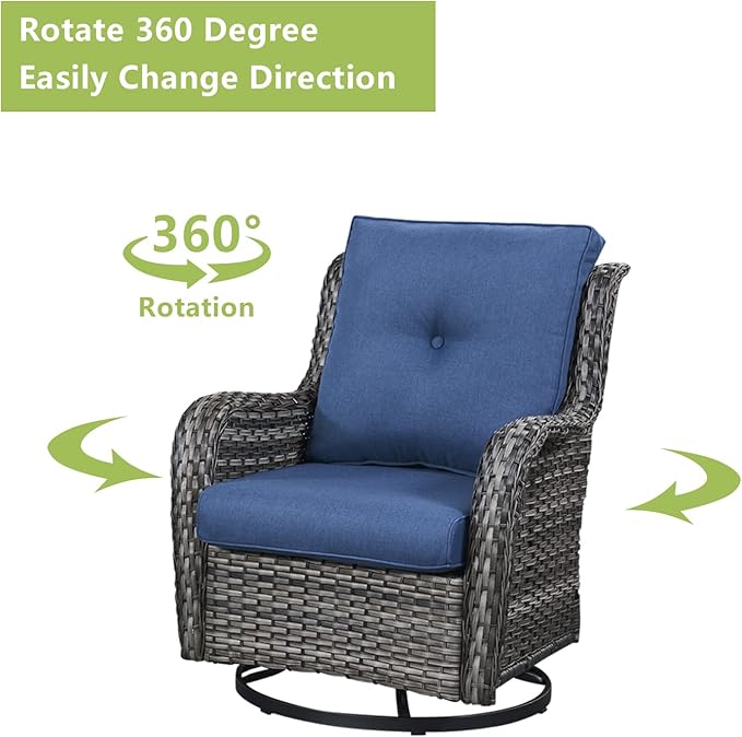 Rilyson Wicker Patio Furniture Set - 4 Piece Rattan Outdoor Sectional Conversation Sets with 2 Swivel Rocking Chairs,2 Ottomans for Porch Deck Garden(Mixed Grey/Blue)