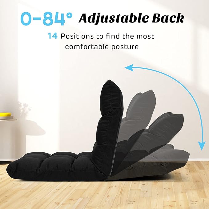 Giantex Adjustable Floor Gaming Sofa Chair 14-Position Cushioned Folding Lazy Recliner High Resilience Sponge, Breathable Cotton & Linen Fabric Sleeper Bed Couch Recliner with Removable Cover (Black)