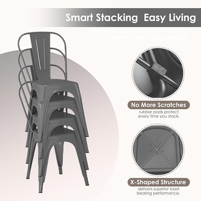 Metal Dining Chairs Set of 4,Stackable Tolix Chair Indoor/Outdoor for Kitchen,Cafe,Restaurant,Bistro & Patio Multiple Colors(Grey)