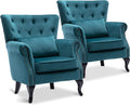 LZAREAL Accent Reading Arm Chairs Set of 2 for Living Room Bedroom, Midcentury Modern Comfy Corner Sofa Chair, Wingback Waiting Room Club Chair with Button Tufted Back &Lumbar Pillow, Velvet Teal
