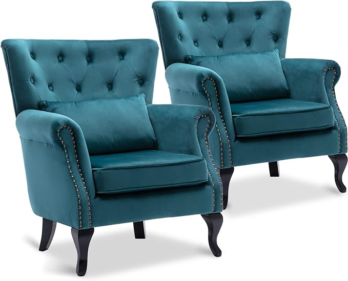 LZAREAL Accent Reading Arm Chairs Set of 2 for Living Room Bedroom, Midcentury Modern Comfy Corner Sofa Chair, Wingback Waiting Room Club Chair with Button Tufted Back &Lumbar Pillow, Velvet Teal