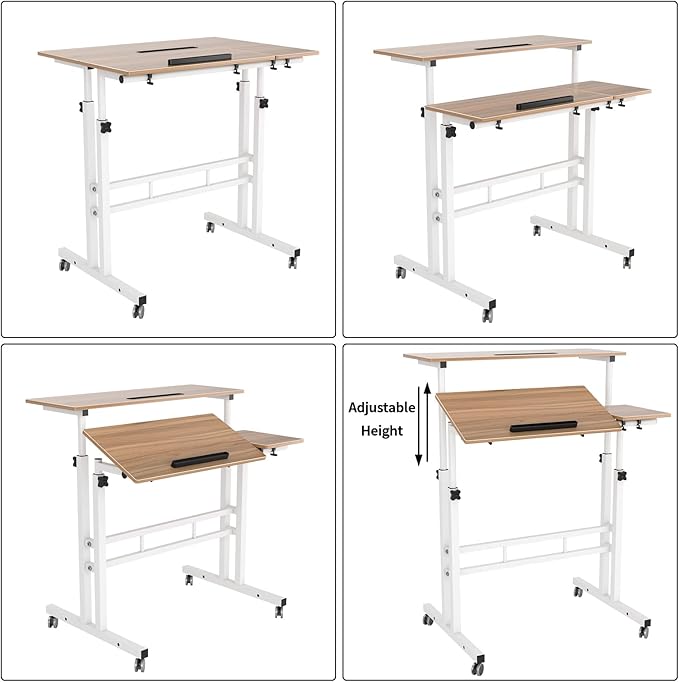 DlandHome Adjustable Rolling Desk Standing Desk, Sit-Stand Desk Cart Mobile Computer Desk Stand Up Desk Office Desk Riser Standing Table Workstation Mobile Desk, Oak