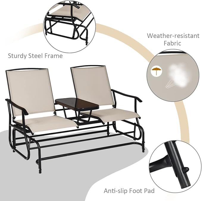 S AFSTAR 2-Person Outdoor Glider, Patio Glider Bench Chairs with Center Tempered Glass Table & Breathable Loveseat, Double Swing Glider Chair for Porch Garden Poolside Balcony Lawn (Beige)
