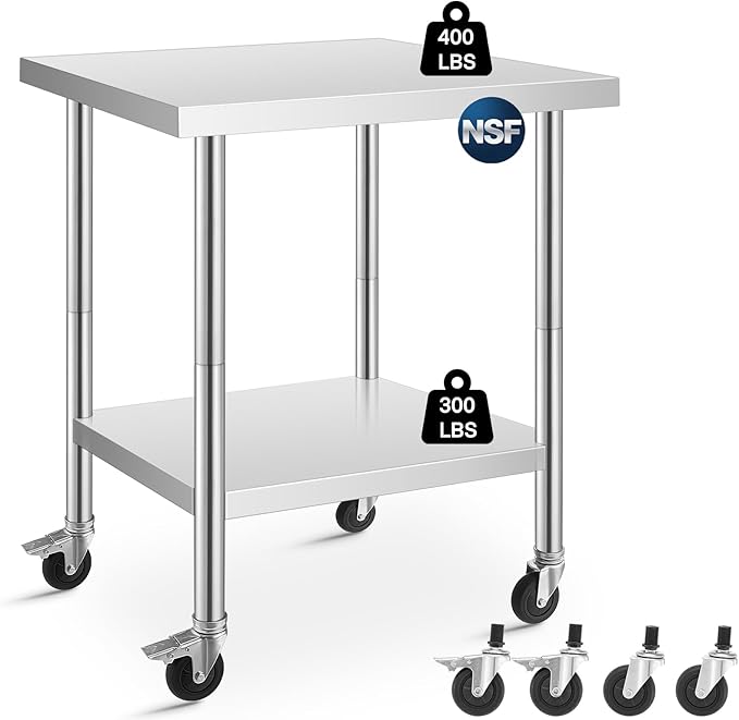 Stainless Steel Table for Prep & Work, with Caster Wheels, Two with Brakes, Metal Table for Commercial Restaurant, Warehouse and Hotel (24 x 30 Inches)