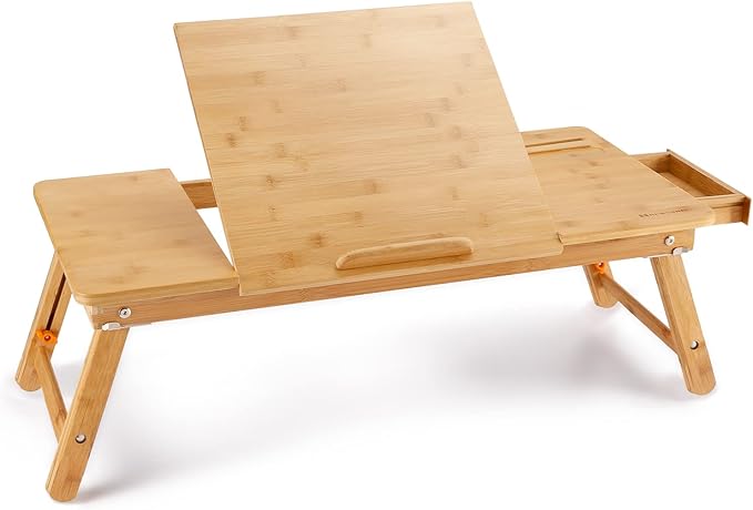 Laptop Desk Nnewvante Bamboo Laptop Table Adjustable Lap Tray Bed Serving Tray Breakfast Table Foldable Coffee Tea Table 7 Tilting Top Angles 4 Latches Large Size 27.95" x 13.8"