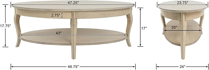 LZAREAL Coffee Table with Storage Oval Solid Wood Coffee Table Antique Farmhosue Living Room Table Rustic Center Table for Living Room Guest Room Reception Room Waiting Room, Faded White Color