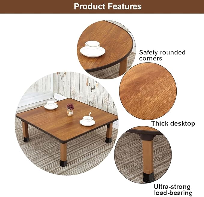 Japanese Foldable Coffee Table, Portable Low Tea Table Wooden Folding Dining Study Breakfast Serving Table Collapsable Small Desk Tatami Sitting On The Floor Table (27.6 * 11.8in, Square)
