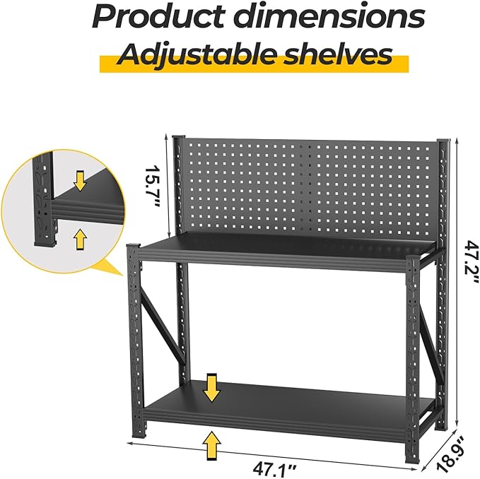Work Bench with Pegboard,Heavy Duty 3000lbs Capacity Workbench with Wheels Adjustable Shelves,Tool Cart,Work Table for Garage Warehouse47.2 H*47.09" W*19" D