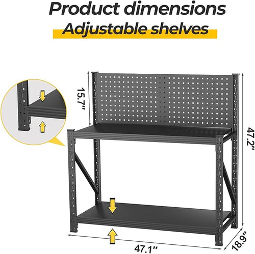 2 Sets Work Bench with Pegboard,Heavy Duty 3000lbs Capacity Workbench with Wheels Adjustable Shelves,Tool Cart,Work Table for Garage Warehouse47.2 H*47.09" W*19" D