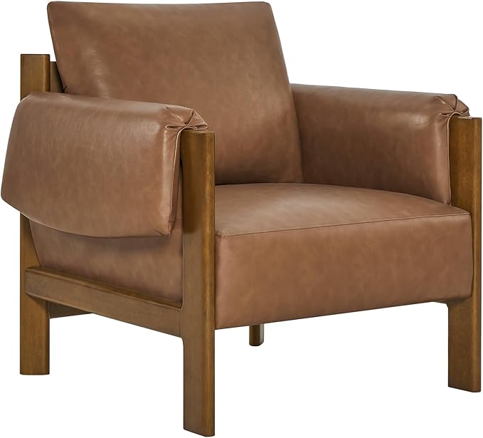 CHITA Accent Chair, Mid Century Modern Upholstery Armchair for Living Room, Solid Wood Frame, Faux Leather in Saddle Brown