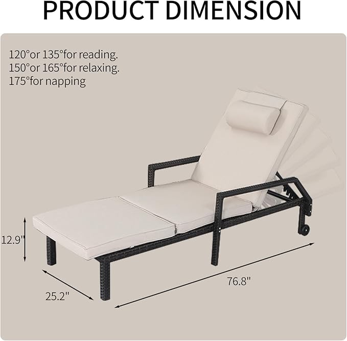 Patio Chaise Lounge Set – Adjustable Outdoor Lounge Chairs with Cushions & Headrest – All-Weather Rattan Reclining Lounge Chairs for Poolside, Garden, and Patio (2 Pcs, Beige)