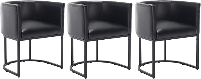 VESCASA Faux Leather Upholstered Dining Chairs with Barrel Back, Modern Padded Restaurant Chairs with Black Metal Frame for Kitchen, Dining Room, Set of 3, Black