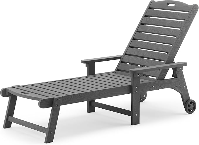 LUE BONA Outdoor Chaise Lounge, HDPS Chaise Lounger, 5 Positions Adjustable Lounge Chairs, Pool Lounge Chair with Wheels for Poolside, Backyard, Dark Gray