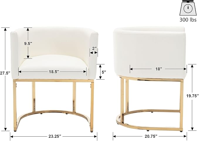 VESCASA Faux Leather Upholstered Dining Chairs with Barrel Back, Modern Padded Restaurant Chairs with Gold Metal Frame for Kitchen, Dining Room, Set of 3, White